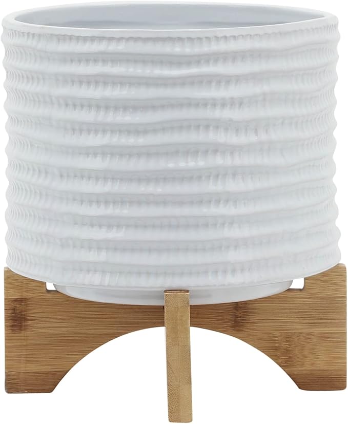 8 Textured Planter W Stand White