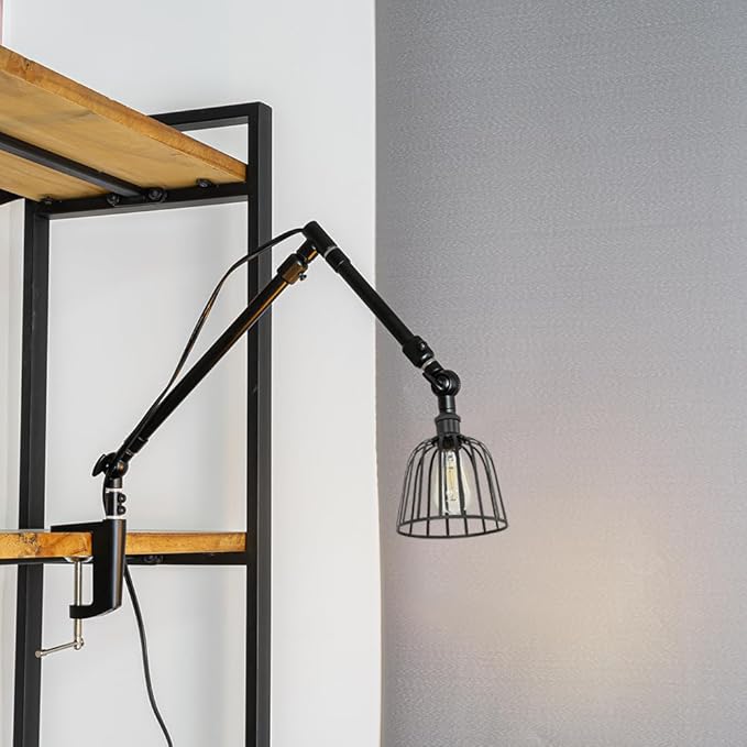 15Ft Timer Switch Cord Clip Mount Plant Growing Stand Socket Light Adjustable Length Black Cage Shade Retro Design for Shelf Or Table Indoor Plants (No Bulb)