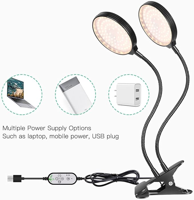 LED Plant Grow Light Dual Growing Lamp 5 Dimmable Levels Clip on Base 360 Degree USB Powered with Timer for Indoor