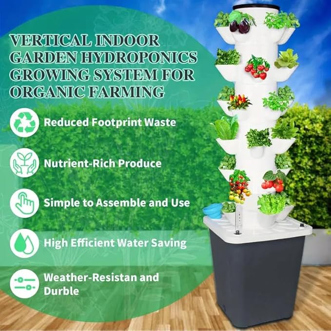Hydroponic Growing System Outdoor Indoor Vertical Garden Home Gardening System Vertical Garden Planter with Pump and Movable Water Tank Vegetable Plant Gift for Gardening Lover White (25-Plant)