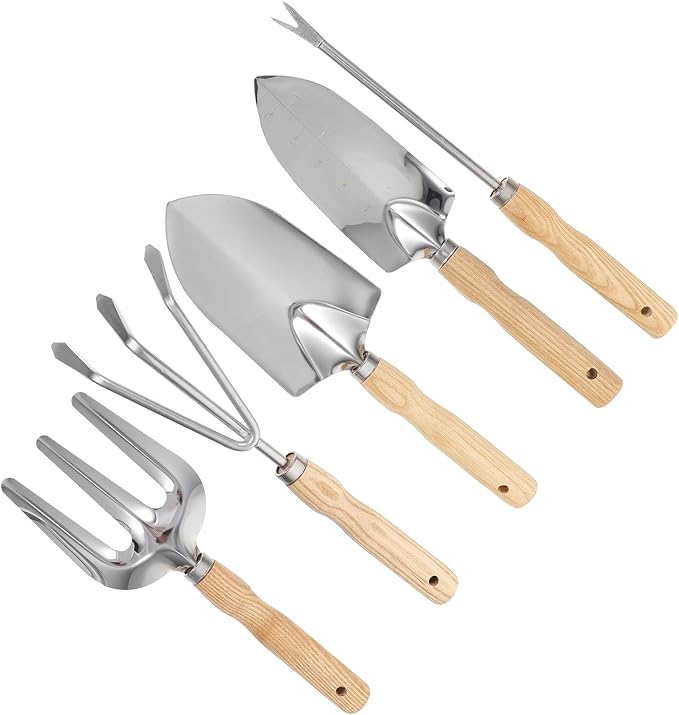 IMIKEYA 5pcs Wood Handle Stainless Steel Garden Tool Set for Planting and Weeding Mini Handheld Shovel Spade Rake for Soil Loosening and Outdoor Gardening Use