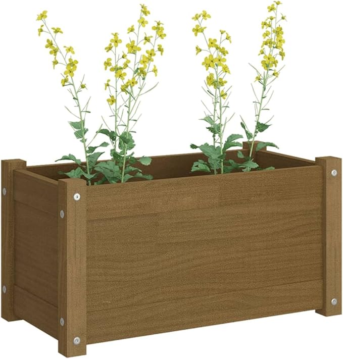 Honey Brown Solid Pinewood Garden Planter 23.6 Inch Durable Rectangular Outdoor Raised Bed for Flowers Vegetables Herbs Terrace &amp Backyard