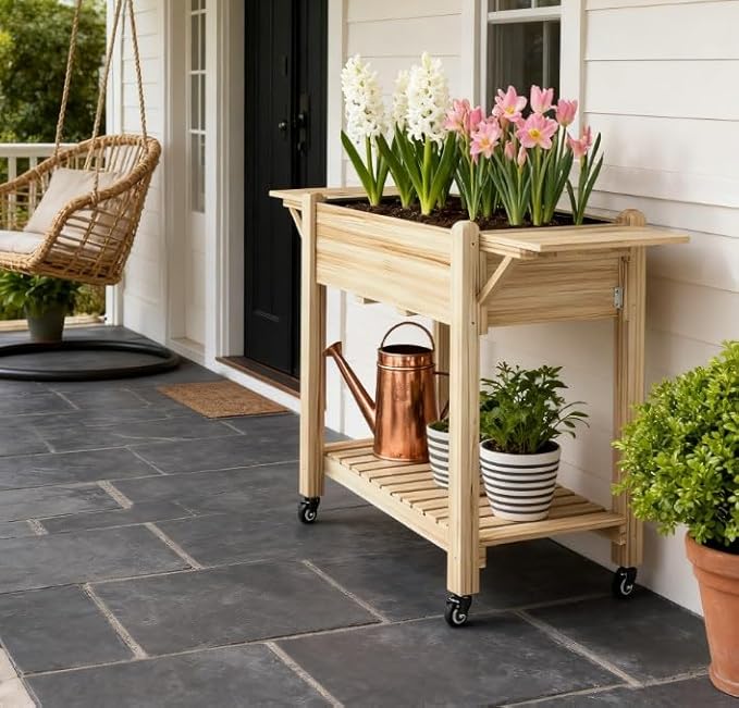 Optimal Elevated Garden BedWood Raised Planter Boxwith Lockable WheelsSide TablesBottom ShelfDrain Holes