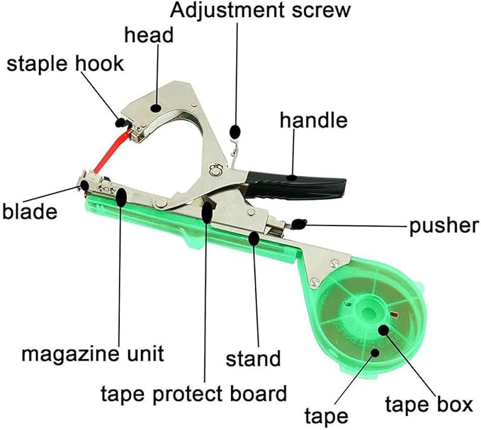 Plant Tying Machine Gardening Tape Tool Plant Ties Hand Garden Tools Set Garden Plants Tool with 10 Rolls Tape and 1 Box Staple for Grape Tomatoes Vegetable Cucumber and Flower (Green)