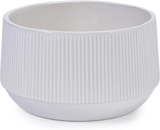 Handmade Ceramic Planter Set of 2 11 8 Diameter White with Vertical Ridges for Aquatic Plants IndoorOutdoor Shelf Table Use Breathable Non Porous Clay