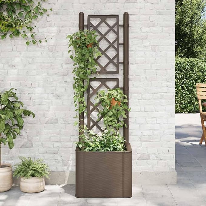 vidaXL Garden Raised Bed with Trellis Raised Bed for Flowers and Plants Self Watering Planter with Water Level Indicator Outdoor and Indoor Use Mocha PP