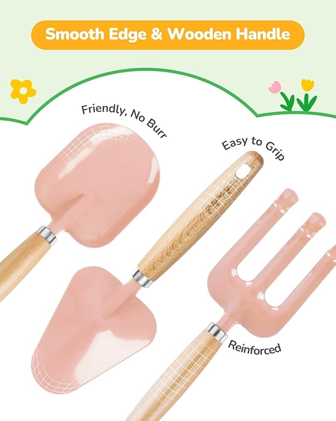 Kids Gardening Set Toys Quality Garden Tool Kit for Kids and Toddlers Includes Two Shovels Garden hatRake ApronGloves Watering Can and Tool Bag (Pink)