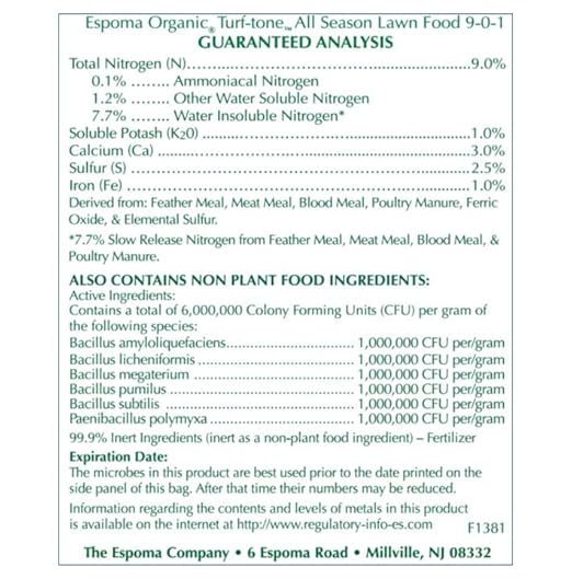 Espoma Turf-Tone All Season Organic Lawn Food with Iron &amp Exclusive Bio-Tone Formula - Slow Release Long Lasting Feeding for All Lawns - Granular Lawn Fertilizer for All Seasons - Made in USA 28