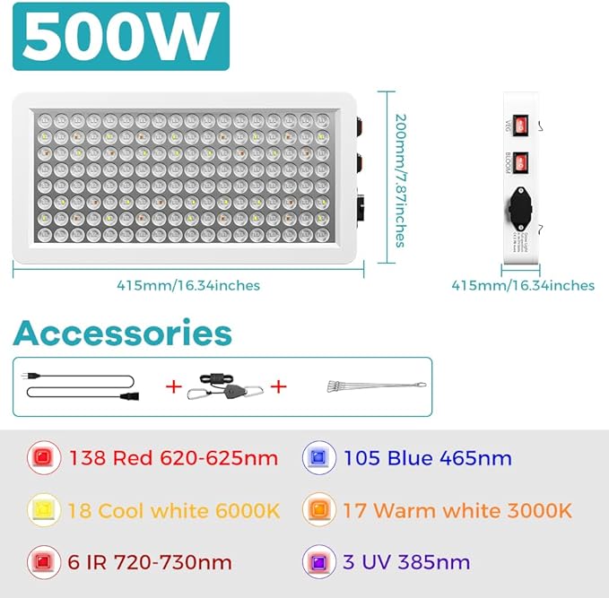 500W LED Plant Lights Red Blue Full Spectrum Grow Lamps 287led Fill Lights Veg/Bloom Modes Dimmable Purple Light Greenhouse Hydroponics 100-277V Indoor IR Flower Cultivation Lighting with Hook US Plug