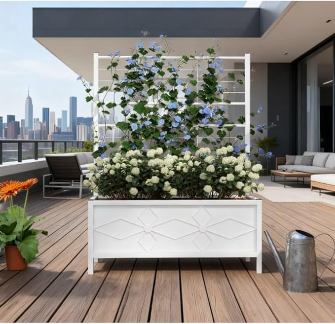 Galvanized Steel Raised Garden Bed with Trellis Support for Climbing Plants – Durable Outdoor Planter Box for Vegetables and Flowers (White + Steel)