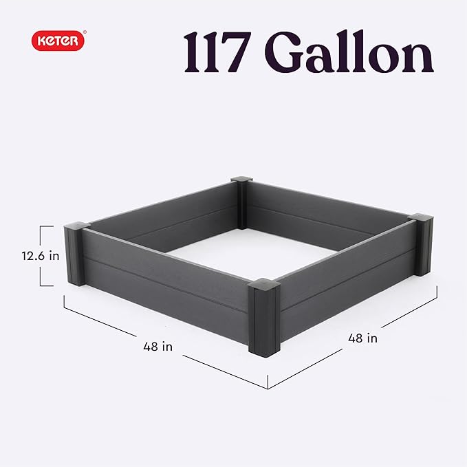 Keter 48 X 48 inches Wood Look Raised Garden Bed Durable Outdoor Herb Garden Planter for Vegetables Flowers and Succulents Grey