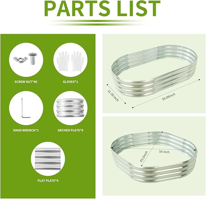 Oval Galvanized Planter Box Metal Raised Garden Bed - 0.8MM Thick- Ideal for Outdoor Gardening and Planting of Vegetables Flowers Fruits Succulent Plants and Others (Silver 5X2.7X1 FT)