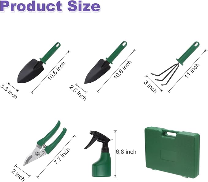 HARFINGTON 1 Set Garden Tool Set 5 Pieces Plastic Gardening Planting Tools Kits with Shovels Rake Scissor Water Sprayer and Store Case Dark Green