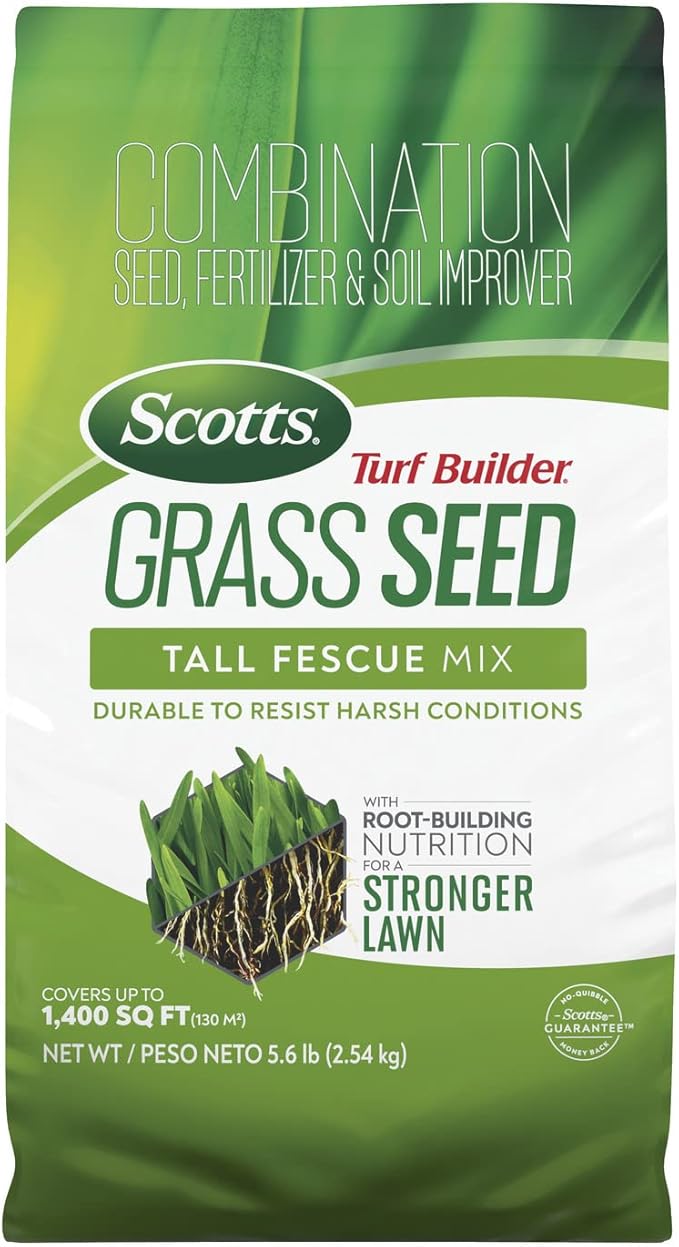 Scotts Turf Builder Grass Seed Tall Fescue Mix with Fertilizer and Soil Improver Resists Harsh Conditions 5.6 lbs.