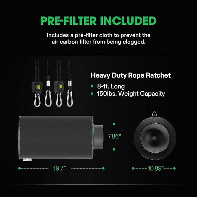 VIVOSUN 8 Inch Air Carbon Filter Smelliness Control with Australia Virgin Charcoal for Inline Fan Grow Tent Smelliness Scrubber Pre-Filter Included Reversible Flange 8 x 20 Black
