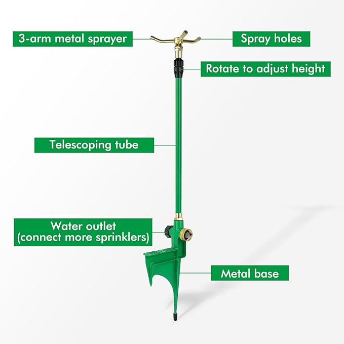 RESTMO 2 Pack 3-Arm Sprinkler with Adjustable Telescoping Base 360 Degree Rotation High-Rise Lawn Sprinkler for Large Area Coverage Lawn Irrigation System Gardening Watering System Sprinklers