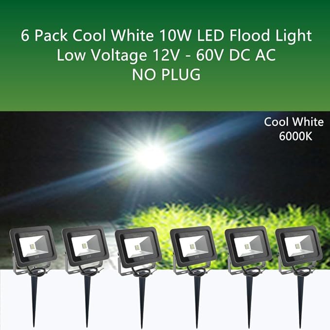 6 Pack Cool White 10W LED Flood Light Outdoor Waterproof IP65 Wall Security Landscape Lamp Home Square Yard Garage Street Pathway Spike Stand Low Voltage 12V 24V 36V 48V 60V DC AC