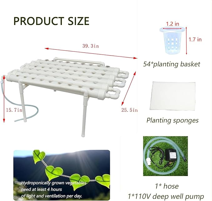 INTBUYING Hydroponics Growing System 54 Holes 6 Pipes 1 Layer Plant Site Grow Kit Hydroponic Gardending System Horizontal with Water Pump Nest Basket and Sponge