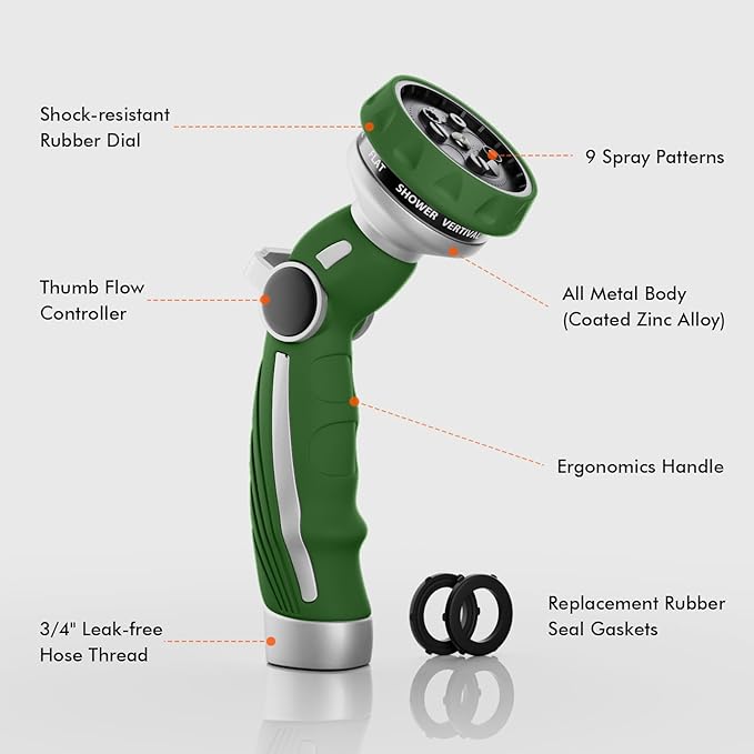 RESTMO Hose Nozzle Heavy Duty Metal Water Hose Sprayer for Garden 9 Spray Patterns | High Pressure | Thumb Flow Control | On/Off Valve Ideal for Lawn &amp Plant Watering Car &amp Pet Washing Gr