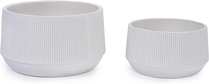 Handmade Ceramic Planter Set of 2 11 8 Diameter White with Vertical Ridges for Aquatic Plants IndoorOutdoor Shelf Table Use Breathable Non Porous Clay