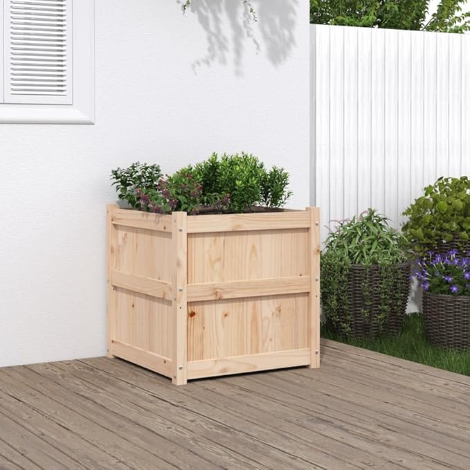 Natural Solid Pine Wood Garden Planter 23.6 Inch Square Outdoor Raised Garden Bed Rustic Finish Plant Container for Patio Balcony Deck Durable Wooden Planter Box