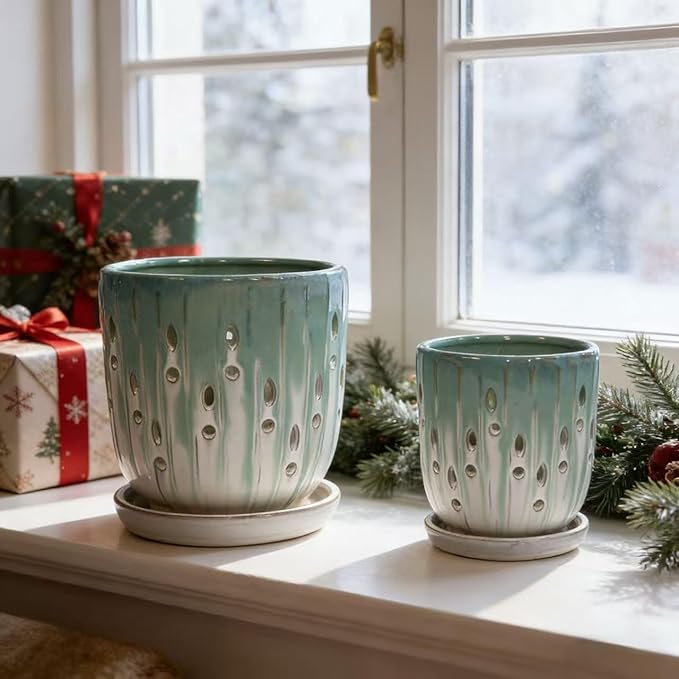 Handmade Green White Gradient Ceramic Planter Set (7.48×5.51 8.07×6.1) Indoor Outdoor Flower Pots for Orchids Succulents by Window Breathable Holes Lightweight