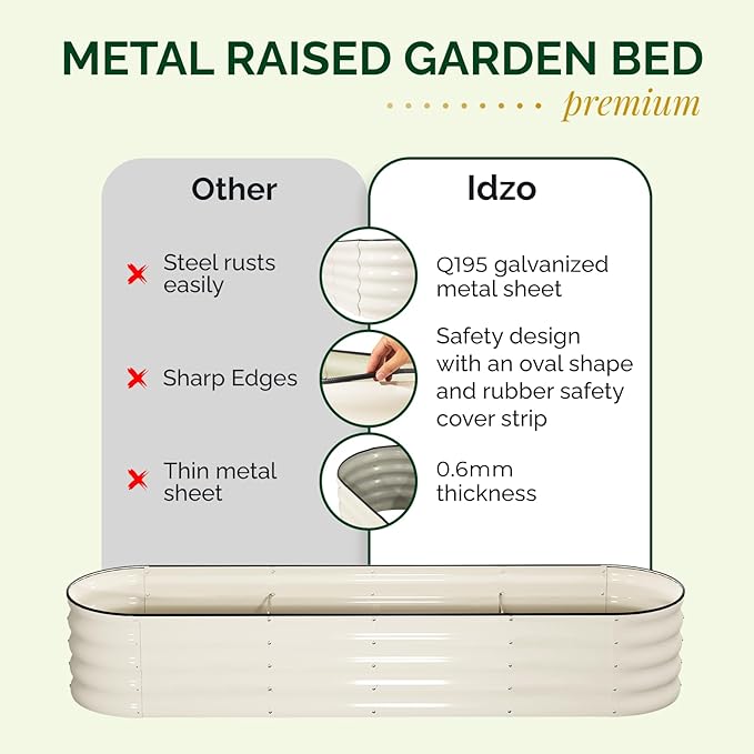 IDZO Galvanized Steel Raised Garden Beds 8x2x1.4 Ft with 7 Coating Layers 12 Shape Options Large Modular Metal Raised Garden Bed Outdoor for Vegetables Herbs Flower - Ivory