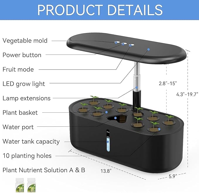 Black Hydroponics Growing System Kit: 10 Pods Indoor Garden with 24W LED Grow Light 3.6L Water Tank Adjustable Height and Smart Controls