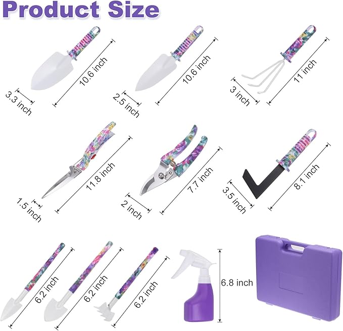HARFINGTON 1 Set Garden Tool Set 10 Pieces Plastic Gardening Planting Tools Kits with Shovels Rake Scissor Trimmer Water Sprayer and Store Case Purple