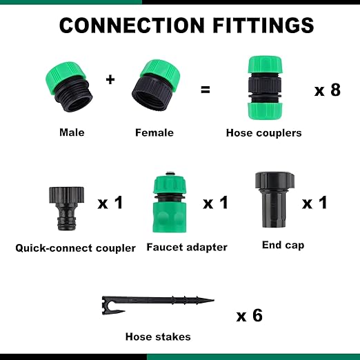 Customizable Soaker Hose System 1/2inch 50ft Rubber Hose with 25ft PVC Garden Hose Drip Irrigation Watering Hose with Reinforced Fittings for Flowers Bed Foundation Lawn Vegetable Tree