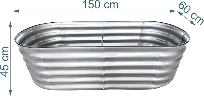 Relaxdays Raised Bed Galvanised Metal Flowers Plants &amp Vegetables H45 x W150 x D60 cm Oval Plant Bed Light Grey