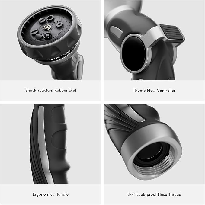 RESTMO Water Hose Nozzle Metal Garden Hose Sprayer Heavy Duty | 9 Spray Patterns | High Pressure | Thumb Flow Control Ideal for Outdoor Lawn &amp Plant Watering Car &amp Pet Washing Silver