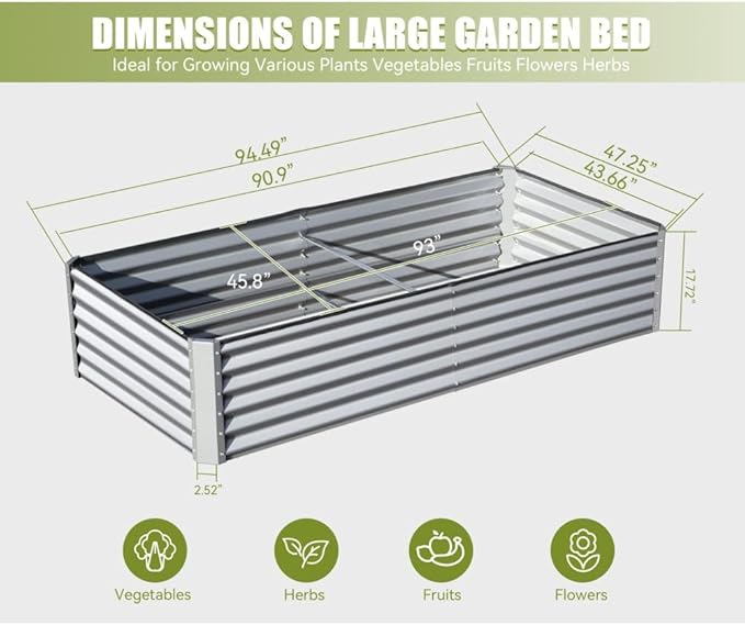 Heavy-Duty Galvanized Steel Raised Garden Bed for Outdoor Vegetable Fruit and Flower Planting – Rust-Resistant Metal Planter Box (8x4x1.5ft (Silver))
