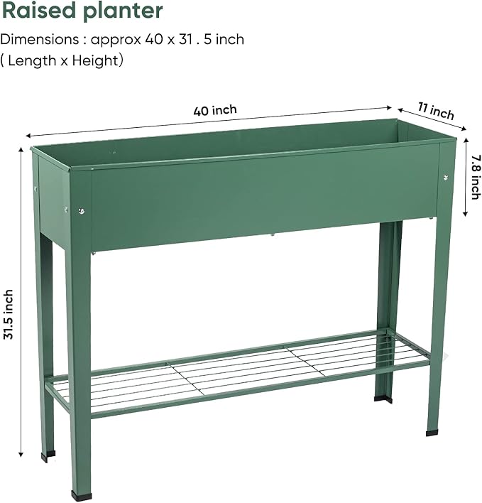 Raised Garden Bed Elevated Green Metal Plant Box with Legs Standing Garden Stand with Drainage Holes (40 L x 11 W x 31 H)