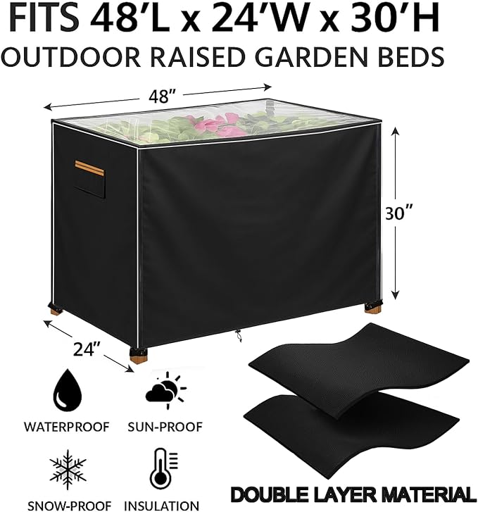 Outdoor Raised Garden Bed Winter Cover 48 L x 24 W x 30 H Heavy-Duty 2-Layer 600D Oxford Fabric Waterproof Insulated with Transparent PVC Top for All-Weather Elevated Wood Planter Box