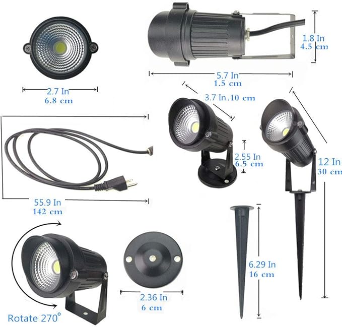 QUANS 6 Pack 5W Cool White Outdoor Landscape Spotlight LED Light Wall Mount Fixture Lamp Waterproof Stake Spike Stand for Pathway Lawn Garden Yard Tree Grass Lighting 110V AC US 3Pong Plug