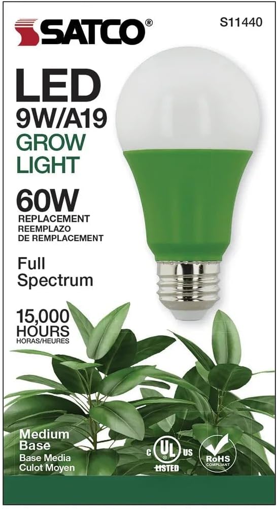 Satco S11440 9 Watts A19 LED Full Spectrum Plant Grow Lamp Medium Base 120 Volt Help Grow Ornament Plants and Succulents for Wet Rated Locations Green (12 LED Light Bulbs)