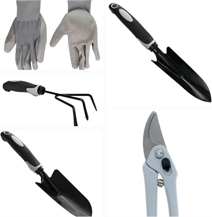 DADE Garden Hand Tools Sets Knit-Latex Grip GlovesSoft-Grip Handles Small Shovel Soft-Grip Handle Trowelby-Pass Pruning Shear Soft-Grip Handle Cultivator (Grey) 5 Pcs