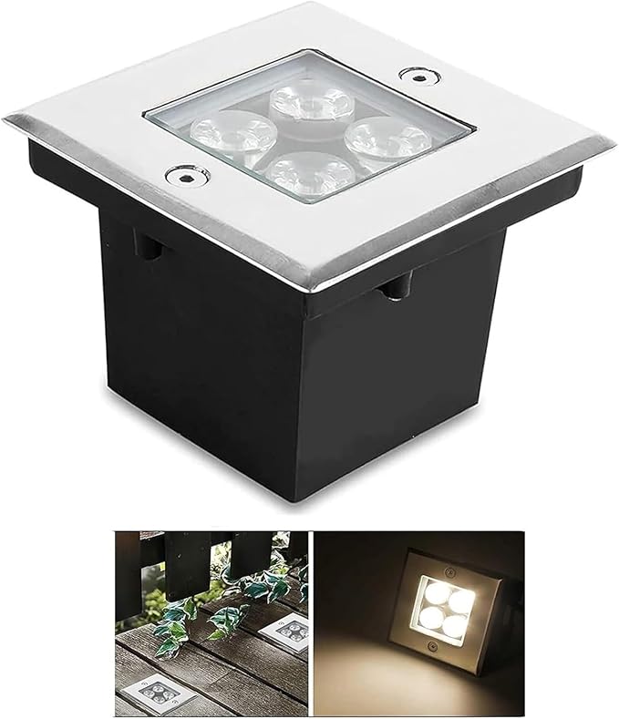 Square Ground Landscape Lamp - 4W IP67 Waterproof Recessed LED Well Light Warm White Spotlight for Walkways Terraces Gardens and Pathway Lighting