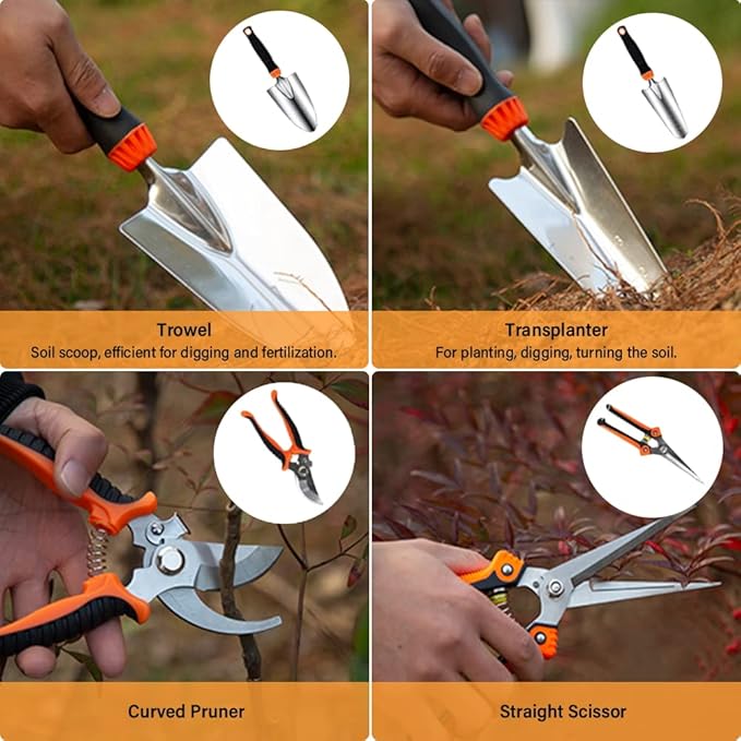 Garden Tool Set10 PCS Stainless Steel Heavy Duty Gardening Tool Set with Soft Rubberized Non-Slip Ergonomic Handle Storage Tote BagGardening Tool Set Gifts for Women and Men