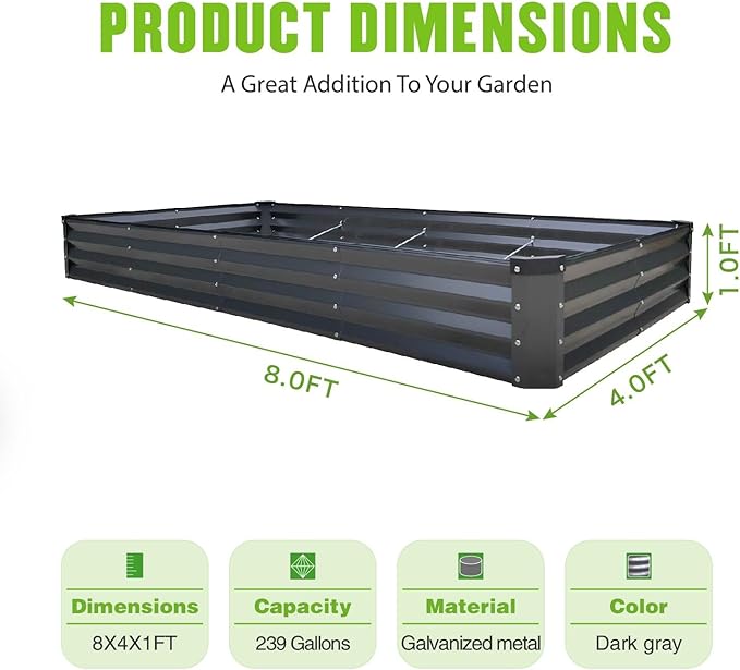 GrowHaus 8x4x1FT Galvanized Raised Garden Bed Planter Boxes Outdoor Large Metal Garden Beds for Planting Vegetables Flowers Herbs Rectangle Dark Gray