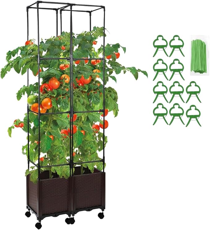Tomato Cage with Trellis 62 H Wheeled Tomato Planter Box Outdoor for Climbing Plants Flowers Potato Vine Vegetables Portable Self Watering Raised Garden Bed for Patio Greenhouse