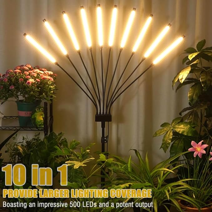 Grow Lights for Indoor Plants 10 Heads 500 LEDs Full Spectrum Grow Light for Indoor Growing with Tripod Stand Auto On/Off Timing 4/8/12H Plant Grow Lights Indoor (Full Spectrum)