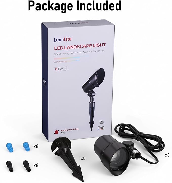 LEONLITE 8-Pack 5CCT LED Landscape Spotlight 15°-60° Adjustable Beam Angle 8W Low Voltage Spot Light with Stepless Adjustment 12-24V AC/DC Aluminum IP65 Waterproof Oil Rubbed Bronze