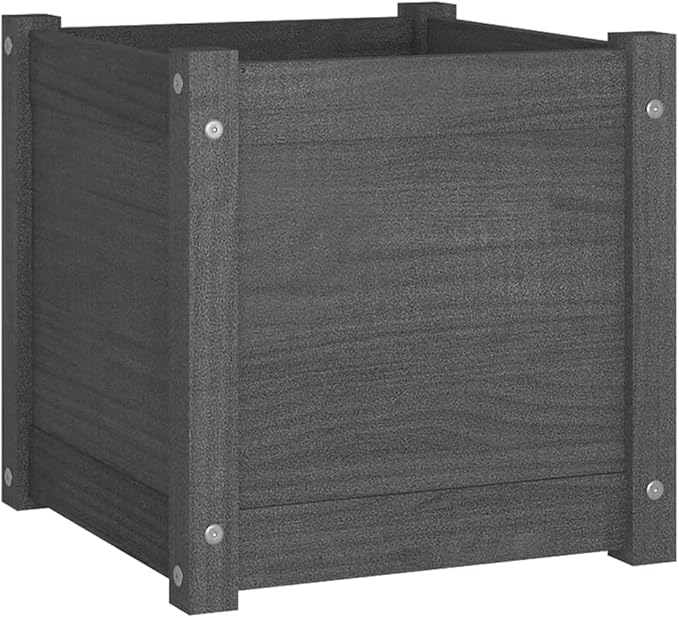 Grey Solid Pinewood Planter 15.7 inch Medium Cubic Decorative Inlays Outdoor Garden Bed Weather-Resistant for Patio Balcony Terrace
