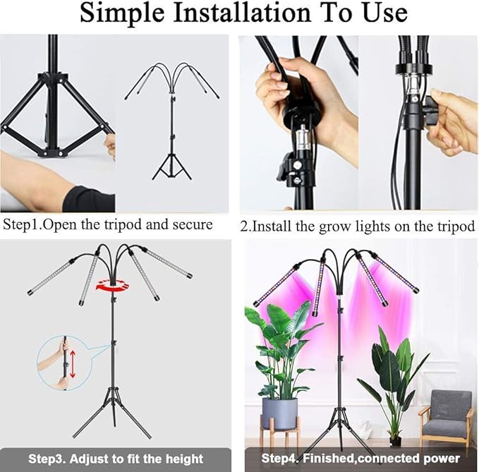 Grow Lights for Indoor Plants 4 Head LED Grow Light with Stand 84 Lamp Beads Full Spectrum Floor Plant Growing Lamps for Succulent and Seedling with Adjustable Tripod Auto Cycle Timer