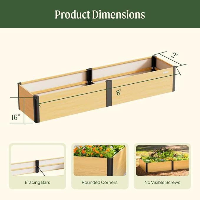 Vego garden Woodgrain Series Raised Garden Bed 16'' Tall 2' x 8' Wooden-Look Metal Planter Box Outdoor for Gardening Vegetables Flowers Herbs