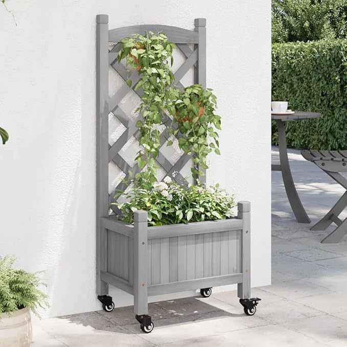 Grey Solid Fir Wood Planter with Trellis 11.8x15.7x38.4 in Rectangular Raised Garden Bed on Wheels Outdoor Indoor Planter Box for Climbing Plants