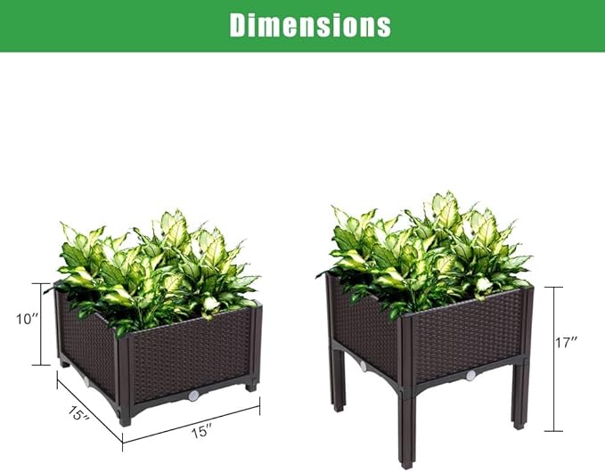 Modular Raised Garden Bed 4-Pack Free-Splicing Design Sturdy Plastic Construction Weather-Resistant Rattan-Look Planter Box for Vegetables Flowers Herbs Garden Box for Patio Yard or Balcony
