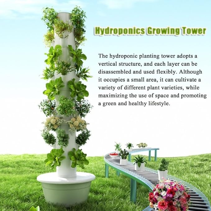 Indoor Hydroponic Garden Tower with LED Grow Lights Pump Adapter and Net Pots for Growing Herbs and Vegetables Efficient Soil-Less Growing System